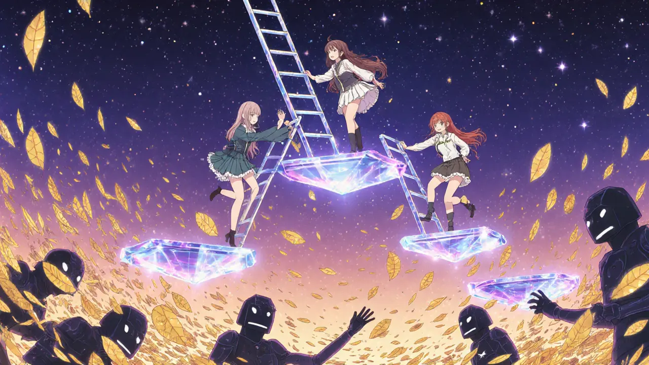 Three girls climb a crystal reward ladder as farmer bots are blown away by golden leaves.