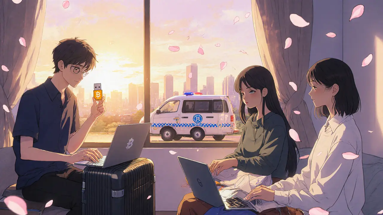 Three tech developers packing up to leave Algeria, a police van passing outside as petals drift in the wind.