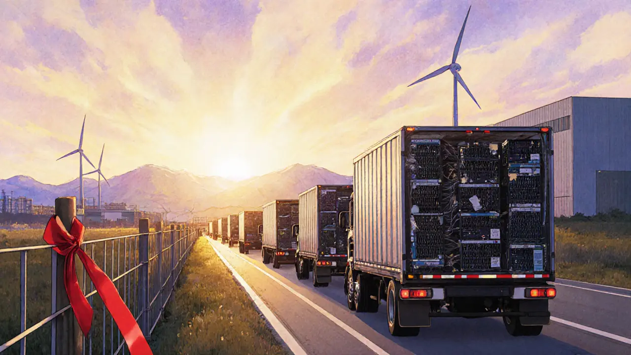 Trucks carry away abandoned mining rigs at dawn, leaving behind silent server halls under a soft sunrise.