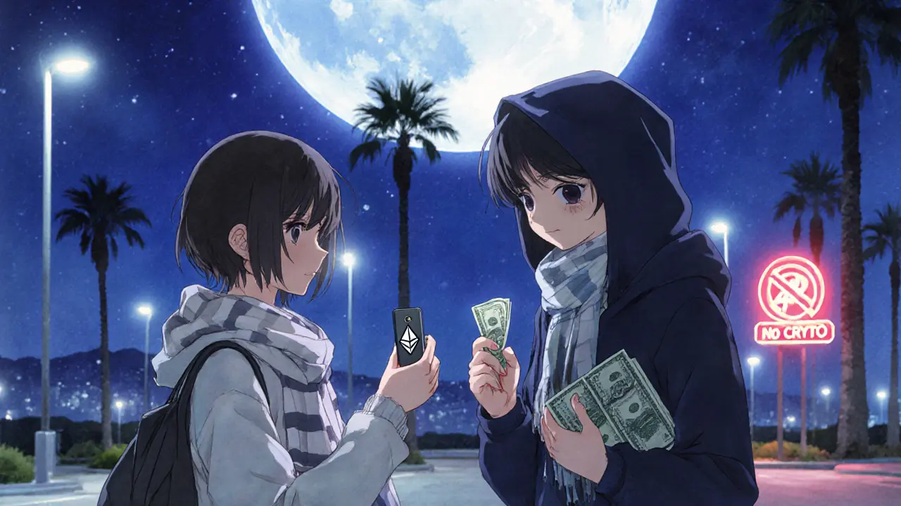 Two teens exchange crypto for cash in a moonlit parking lot, one holding a miner box, soft neon lights and distant palm trees in the background.