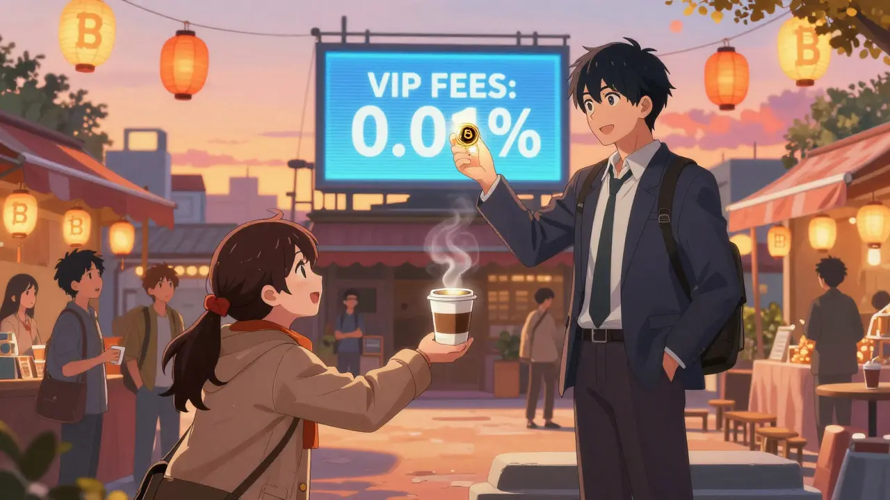 A bustling marketplace where ONUS tokens are used for everyday purchases under a glowing sunset sky.