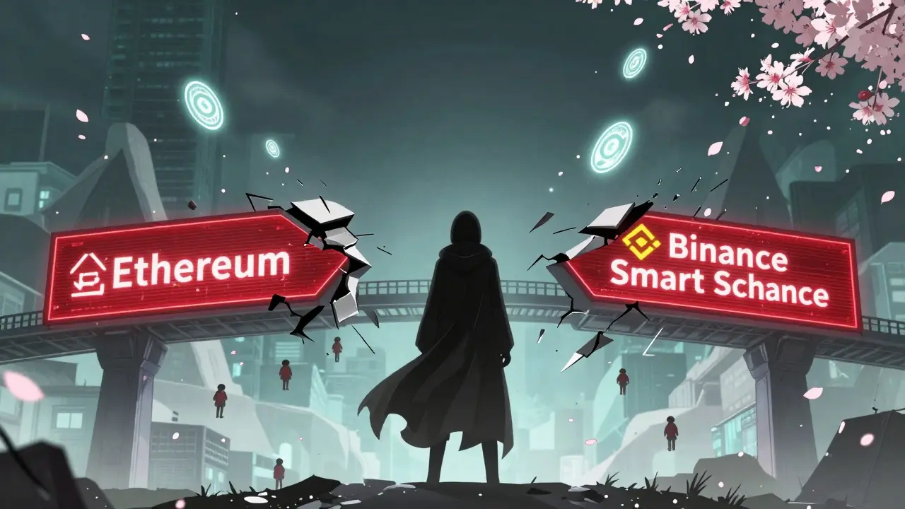 A crumbling digital bridge collapses between blockchain networks, users falling into darkness.