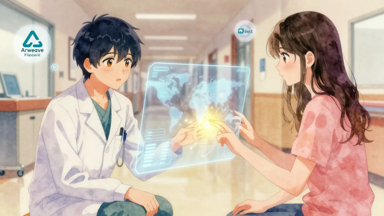 A doctor and patient share encrypted medical records through a soft hologram, golden light connecting them warmly.