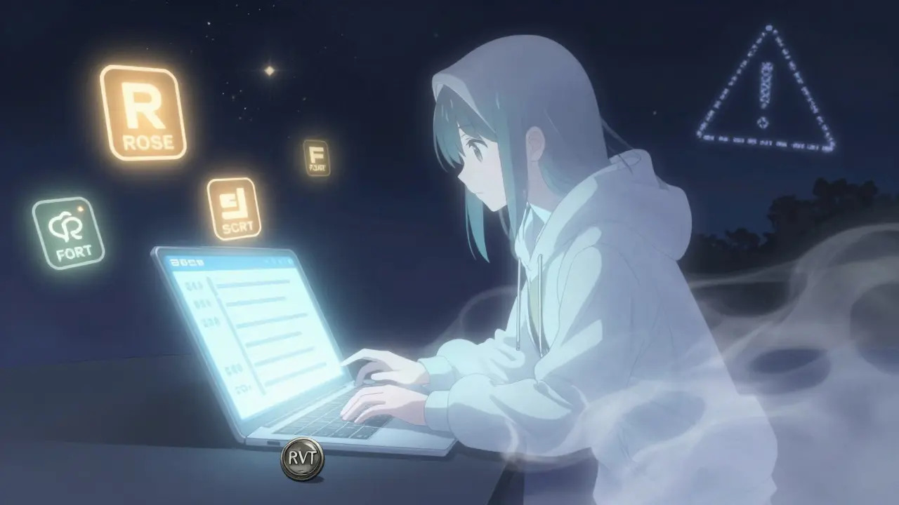 A fading developer ghost watches glowing active crypto projects while a cold RVT token lies abandoned on the floor.