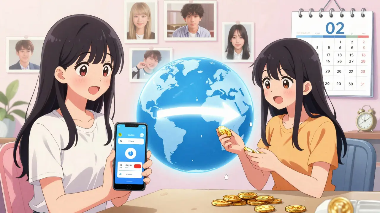 A family connects across borders through a digital money transfer on a video call.