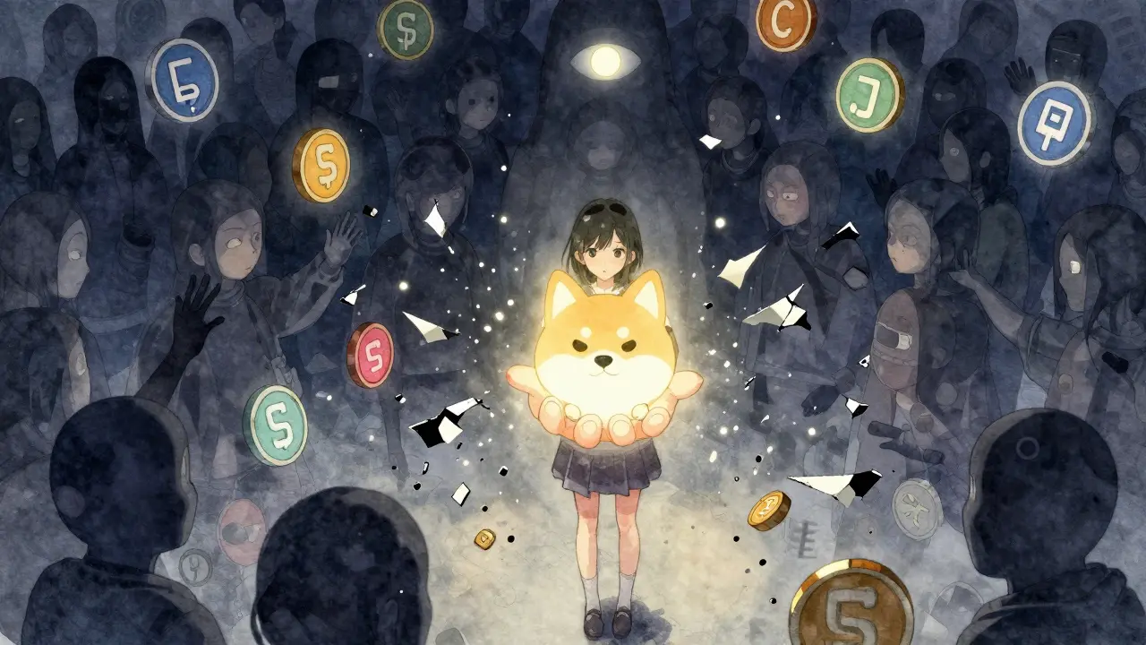 A girl holds a glowing Shiba Inu token as other memecoins crumble into dust around her, with shadowy figures reaching toward the light.