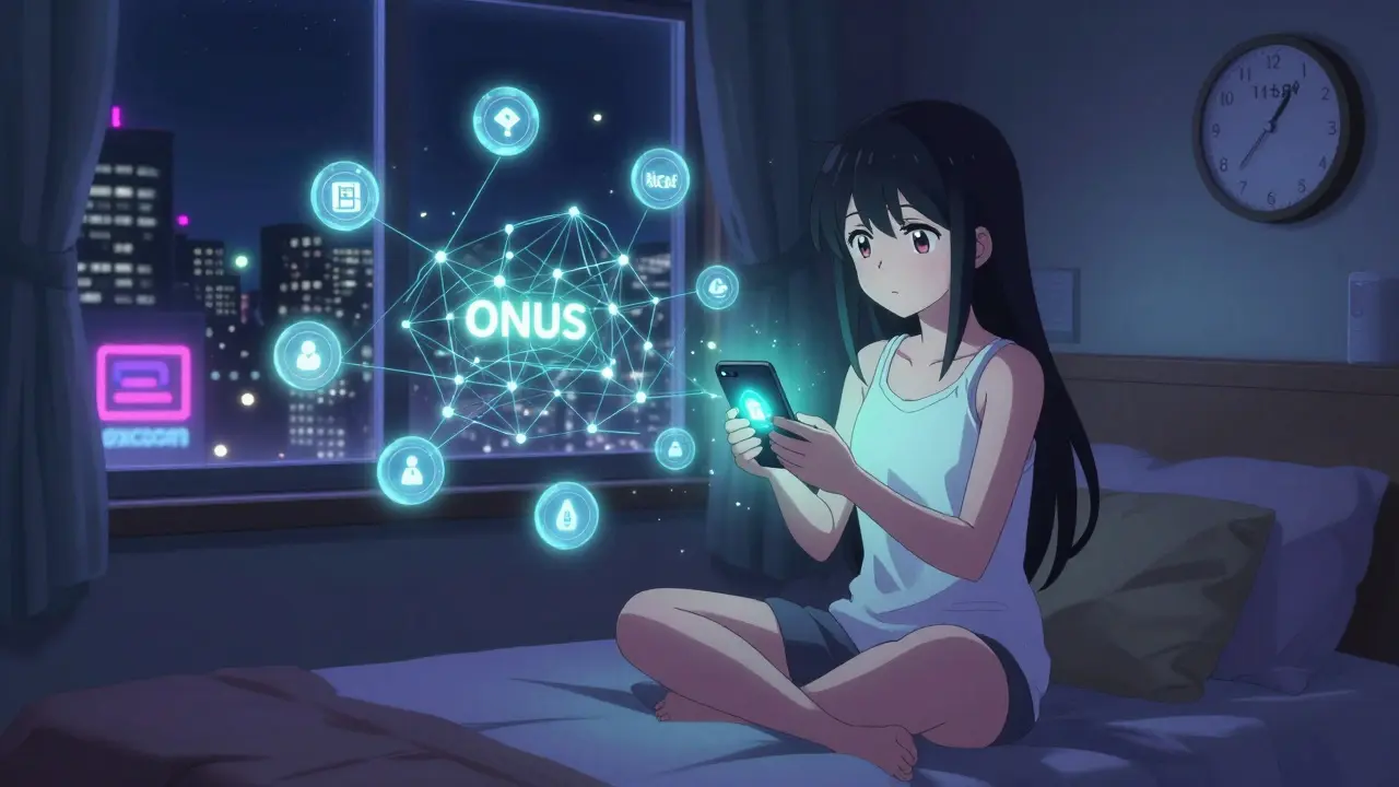 A girl in her room claiming ONUS tokens via RICE Wallet, with glowing tokens floating like fireflies.