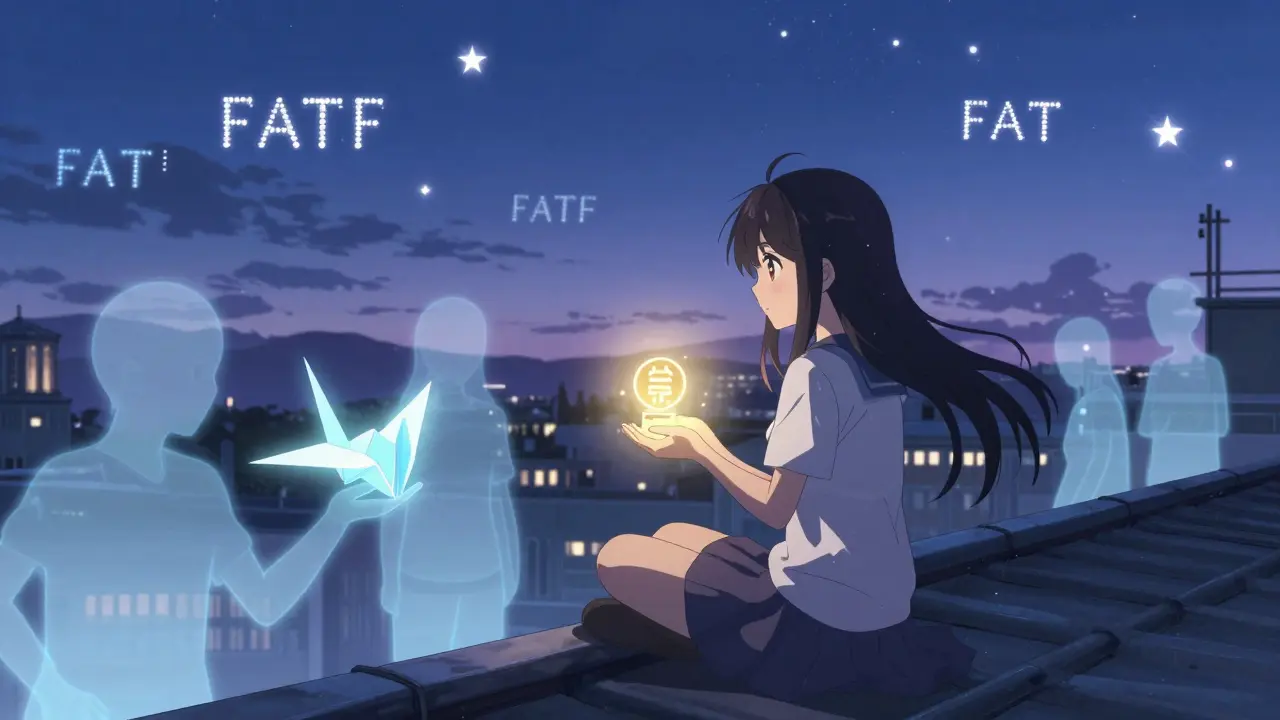 A girl on a rooftop holds a flickering DeFi contract as ghostly transactions and a paper crane float nearby.