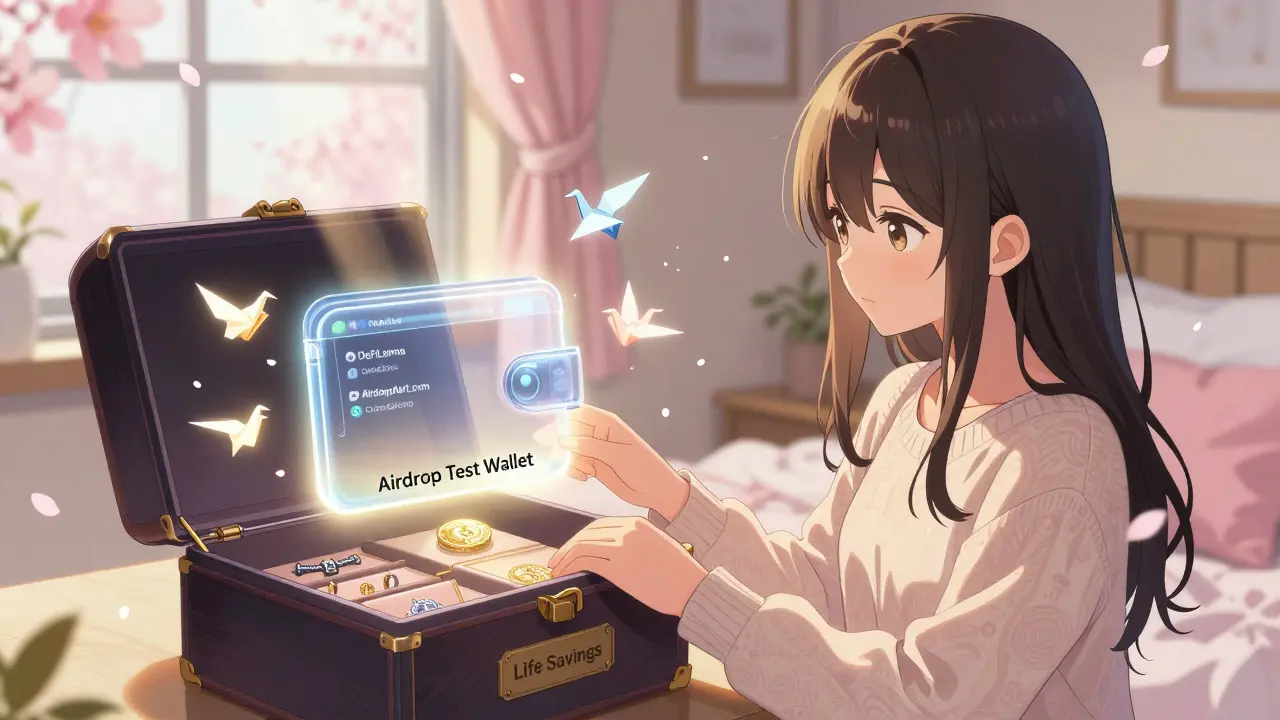 A girl placing her main wallet in a safe box while a test wallet glows safely beside verified crypto sources.