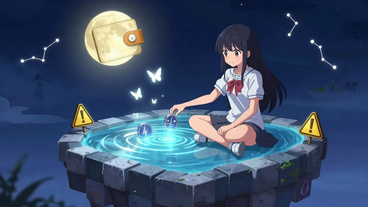 A girl placing tokens into a glowing liquidity pool on a floating blockchain island, with butterflies and wallet-shaped moon in the night sky.