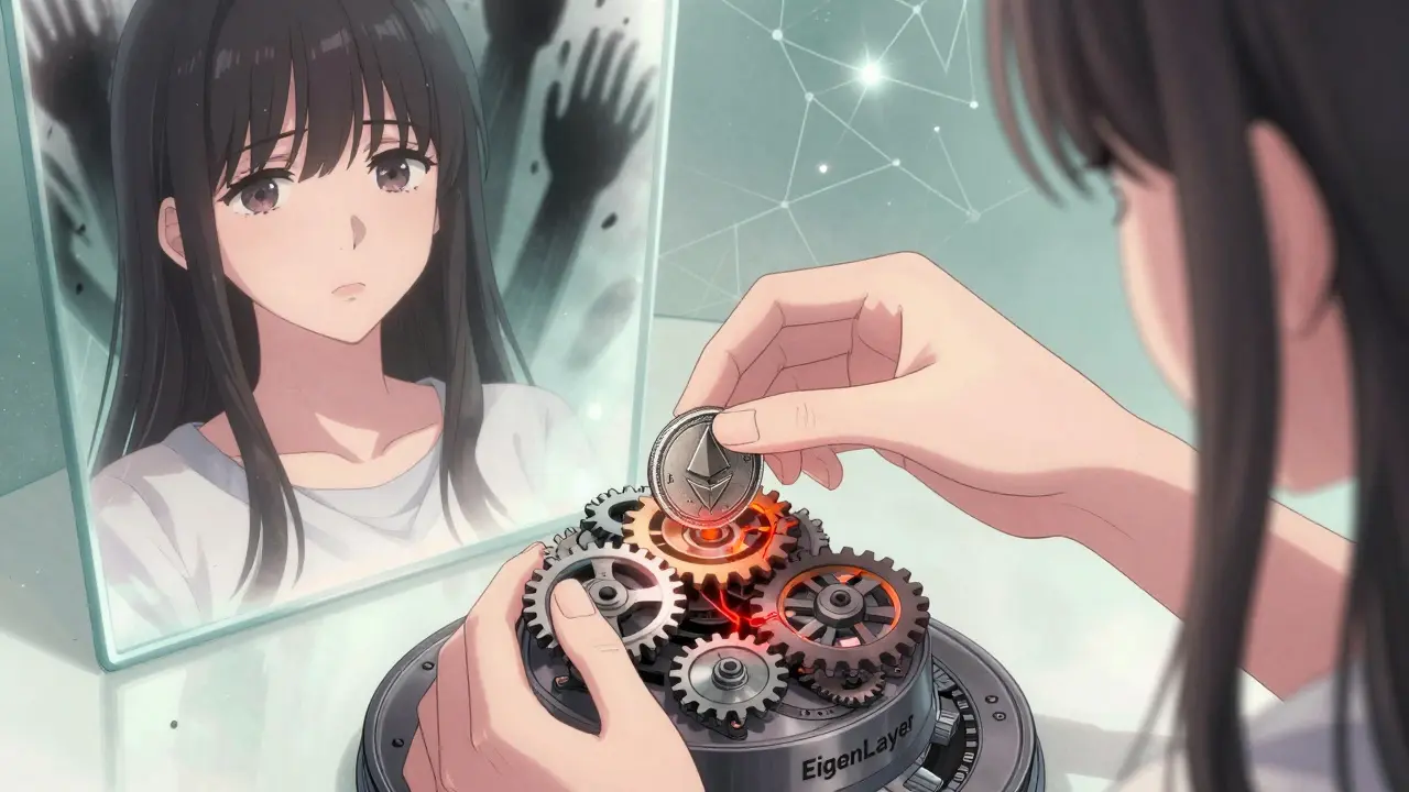 A girl’s hands placing ETH into a gear system with warning cracks, her reflection showing fear.