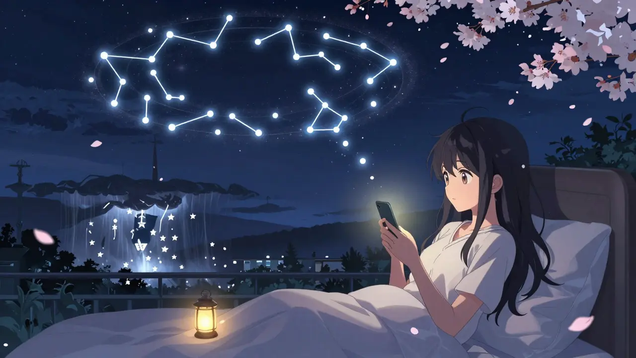 A girl sleeps peacefully as a reinsurance dragon watches over her validator lantern under a blockchain sky.