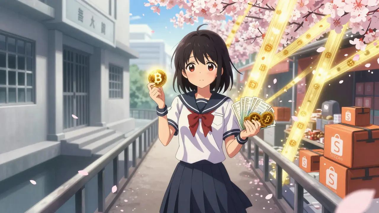 A girl standing on a bridge between a closed bank and a vibrant crypto marketplace, holding a digital đồng coin and USDT tokens.