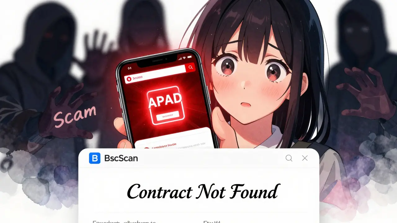 A girl staring at a glowing fake APAD airdrop site, shadowy scammers reaching out, real BscScan page visible.