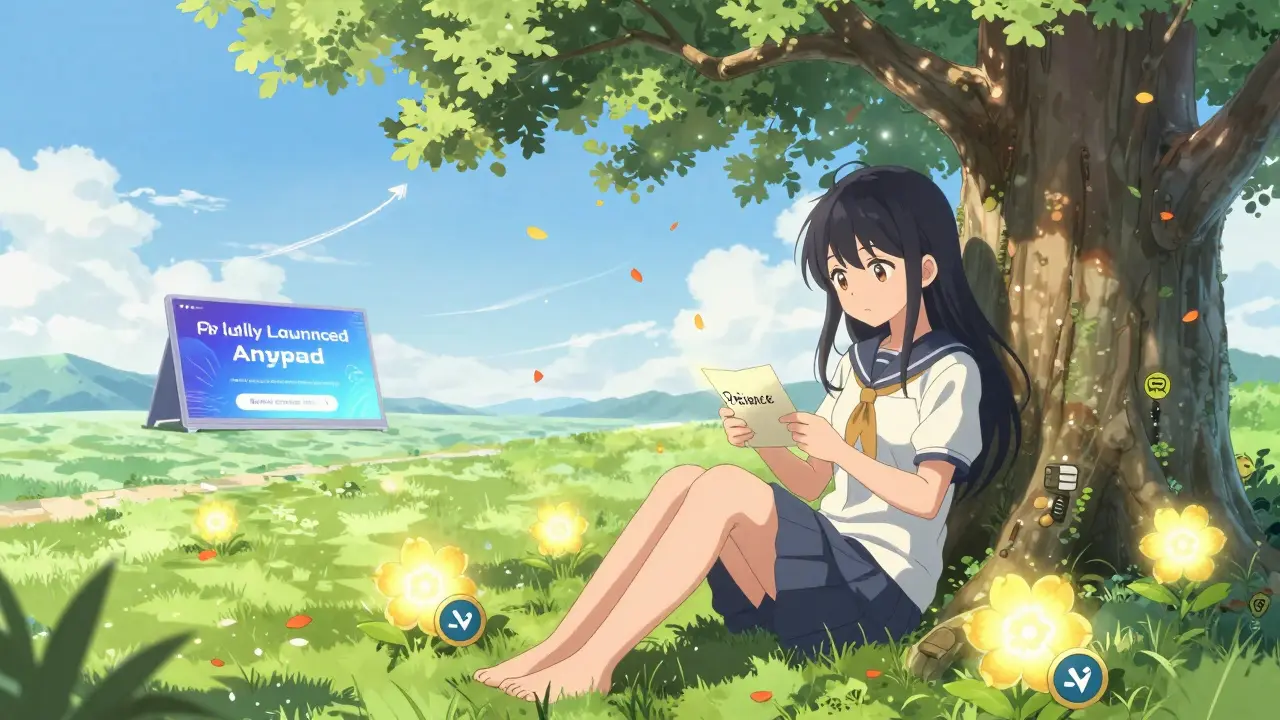 A girl under a blockchain tree reading &#039;Patience&#039; as real airdrops bloom around her, distant Anypad platform glows.