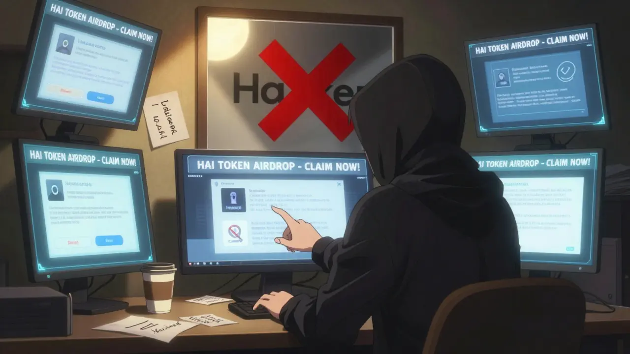 A hacker reaches for a phishing link while a red X marks the real Hacken logo in the mirror.