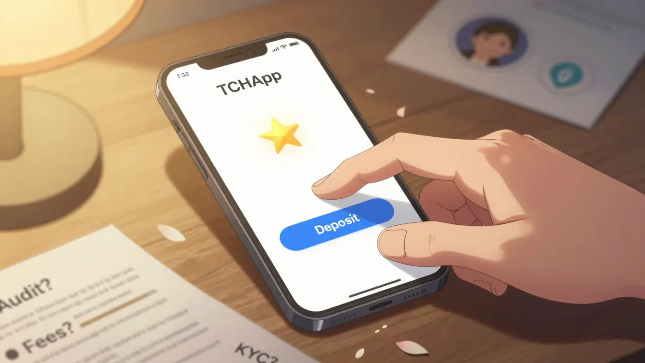 A hand hesitating over a deposit button on TCHApp app, with unreadable documents scattered around in soft light.