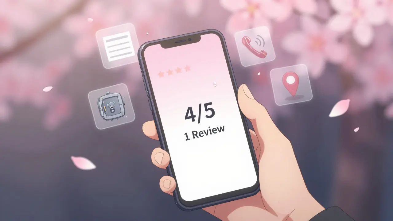 A hand holds a phone showing a single 4/5 review with missing features floating around it, tears glisten on the screen.