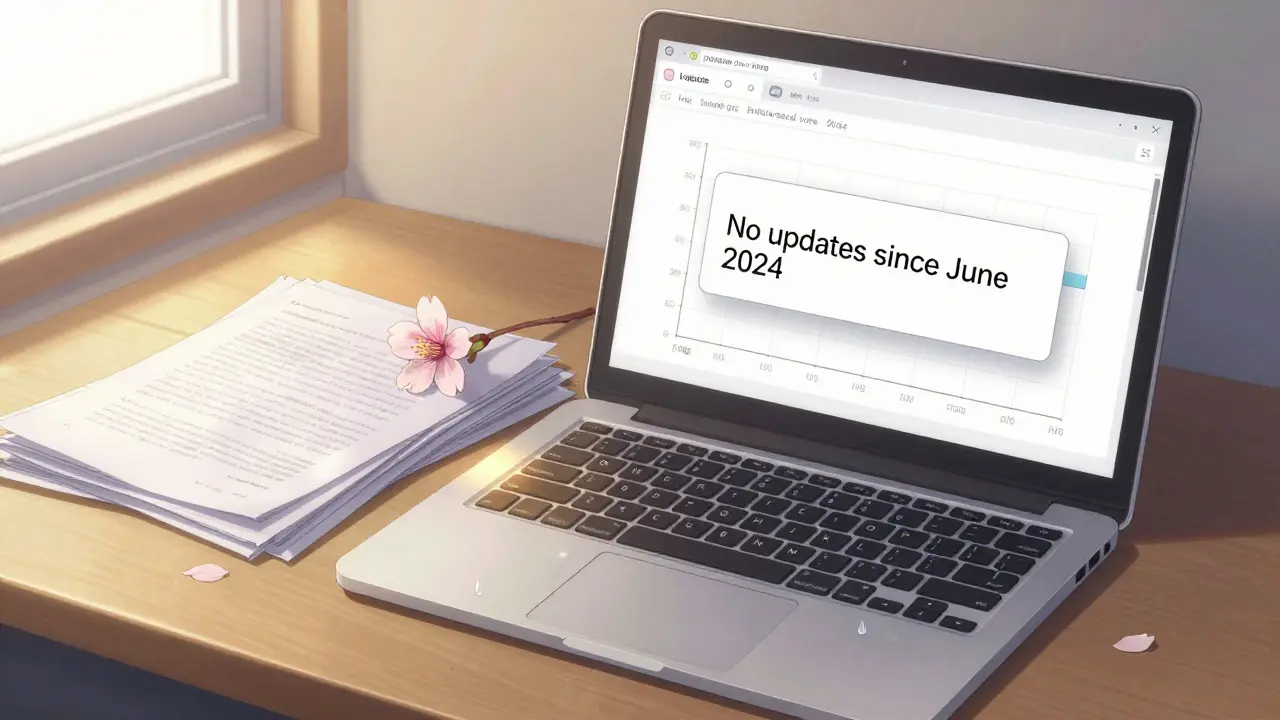 A laptop shows a zero-value chart with a wilting cherry blossom and unread message on the desk.