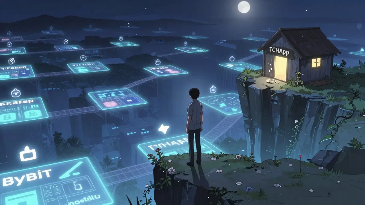 A lone figure standing at a cliff overlooking secure crypto exchanges, while a tiny, crumbling hut labeled TCHApp fades behind them.