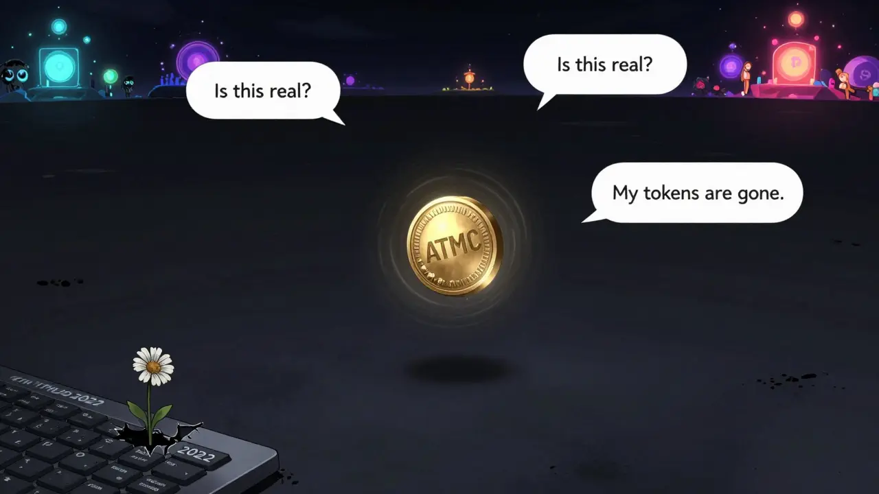 A lone spinning ATMC token in darkness, surrounded by silent chat bubbles and a wilted flower growing from a dead keyboard.