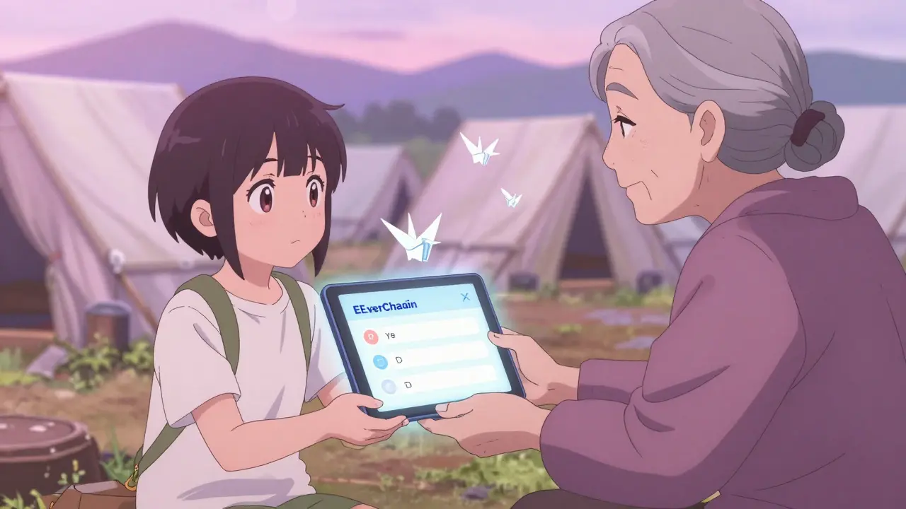 A refugee child and elder share a tablet as a secure blockchain verification glows between them.