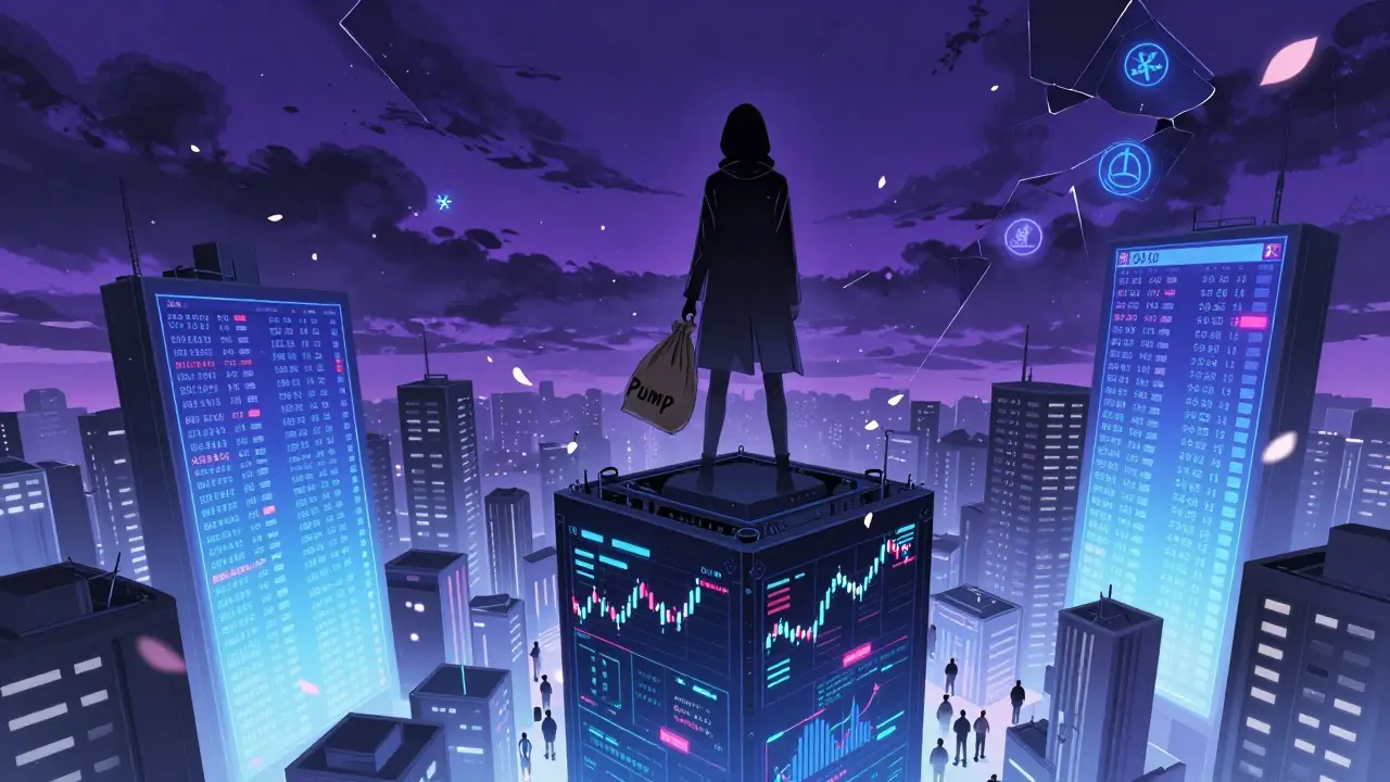 A shadowy figure drops a 'Pump' sack from a trading chart skyscraper onto tiny investors below, with fake buy and sell walls looming overhead.
