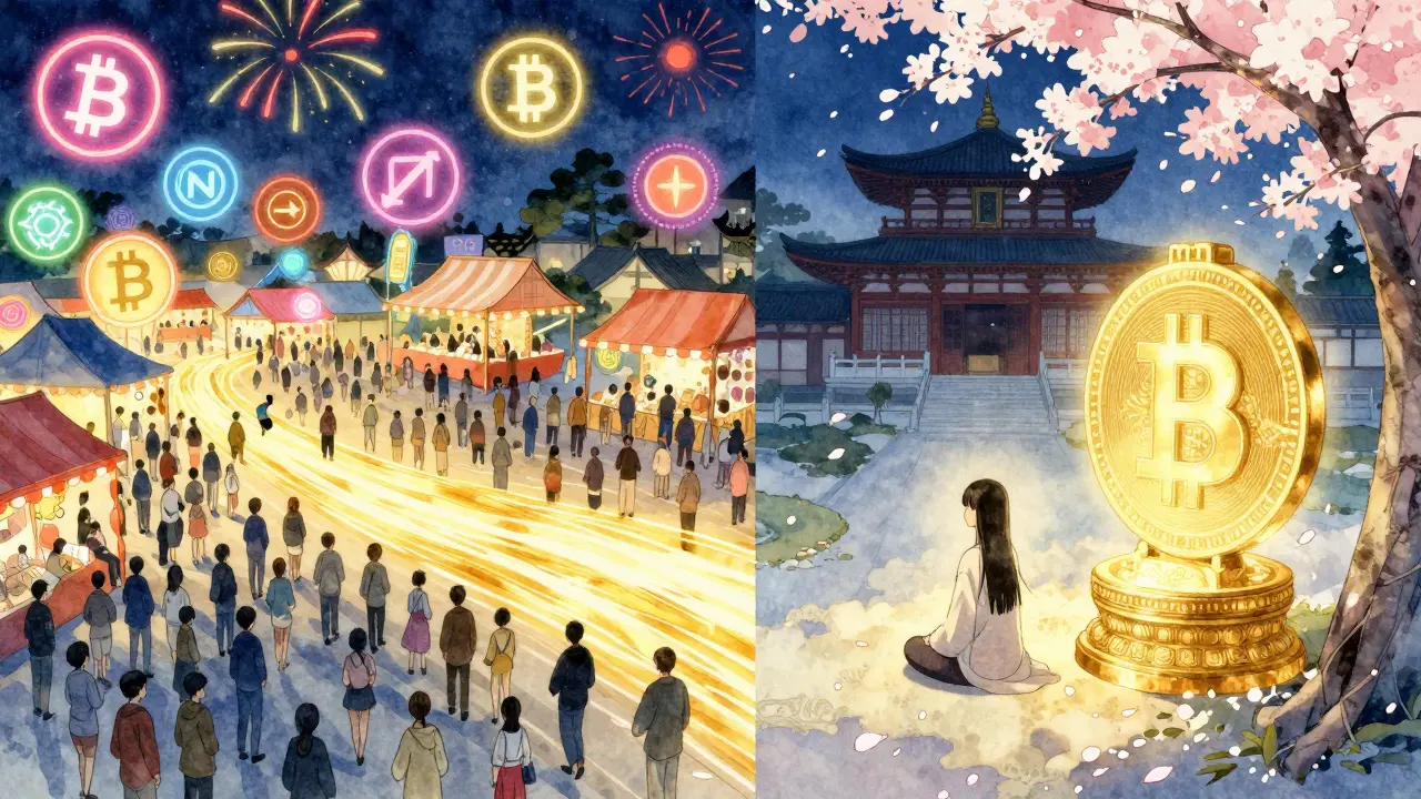 A split scene: a fading altcoin festival on the left, a quiet Bitcoin temple on the right with golden streams flowing between them.