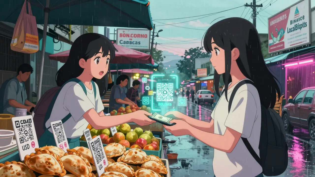 A street vendor in Caracas receives cash for goods and sends USDT via phone, digital codes floating in the air.