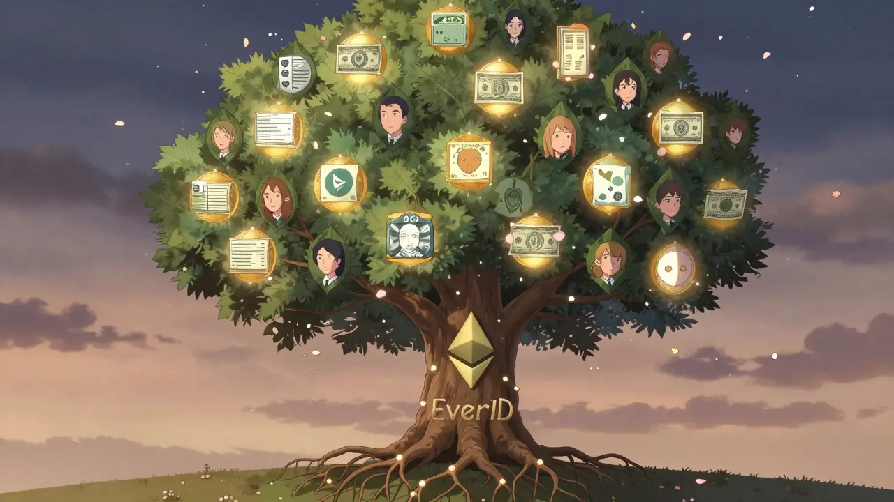 A symbolic tree with roots in blockchain and branches holding digital documents for the unbanked.