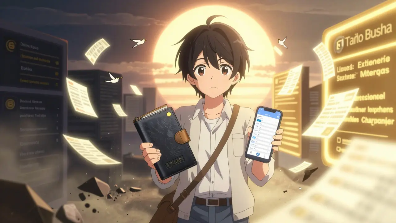 A teen holding a hardware wallet as transaction records turn into birds flying toward a sunrise.