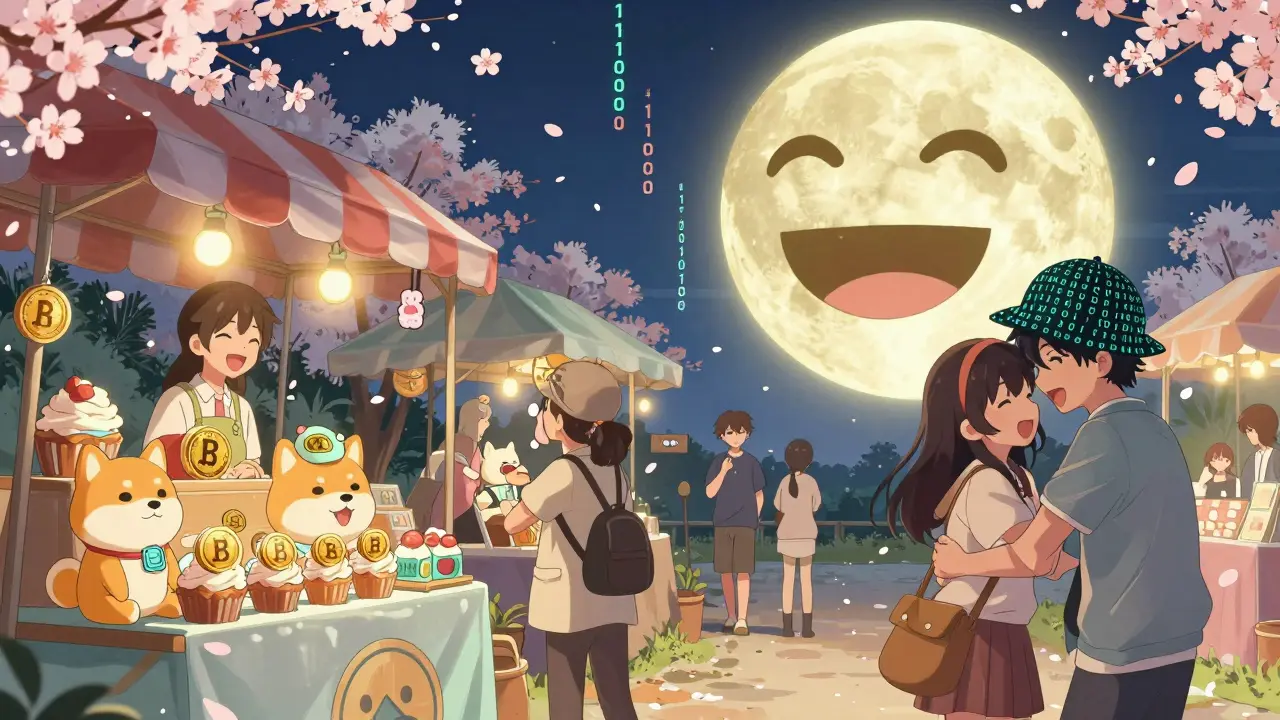 A whimsical marketplace with meme-themed goods being traded under a laughing emoji moon, cherry blossoms of code falling gently.