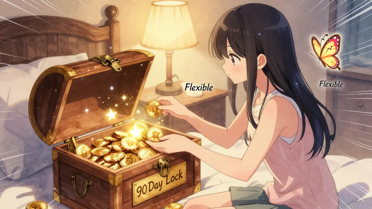 A young woman placing half her crypto into a glowing locked chest while flexible coins float around her like butterflies in a cozy room.