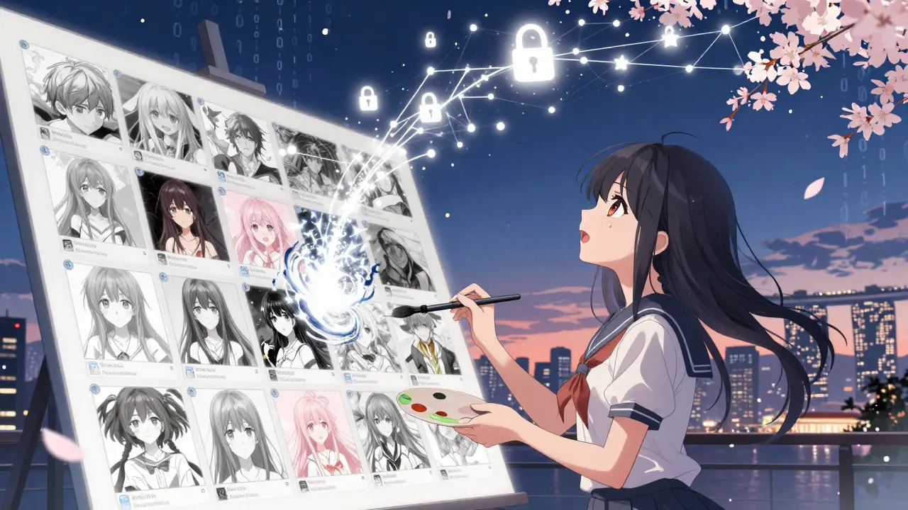 An artist’s digital art rises into the sky as chains of nodes form a celestial arc above a twilight cityscape.