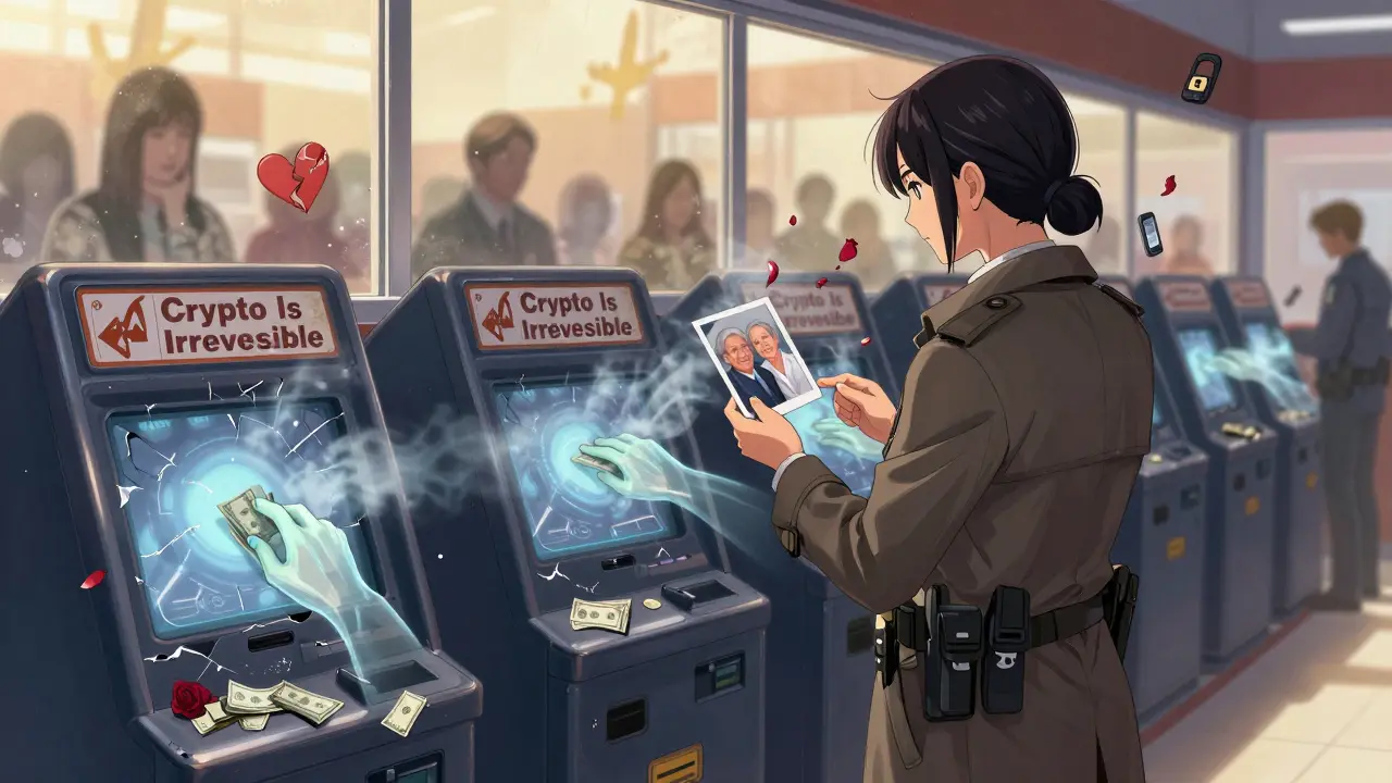 An FBI agent stands before deactivated crypto ATMs, ghostly hands reaching from screens as petals fall around her.