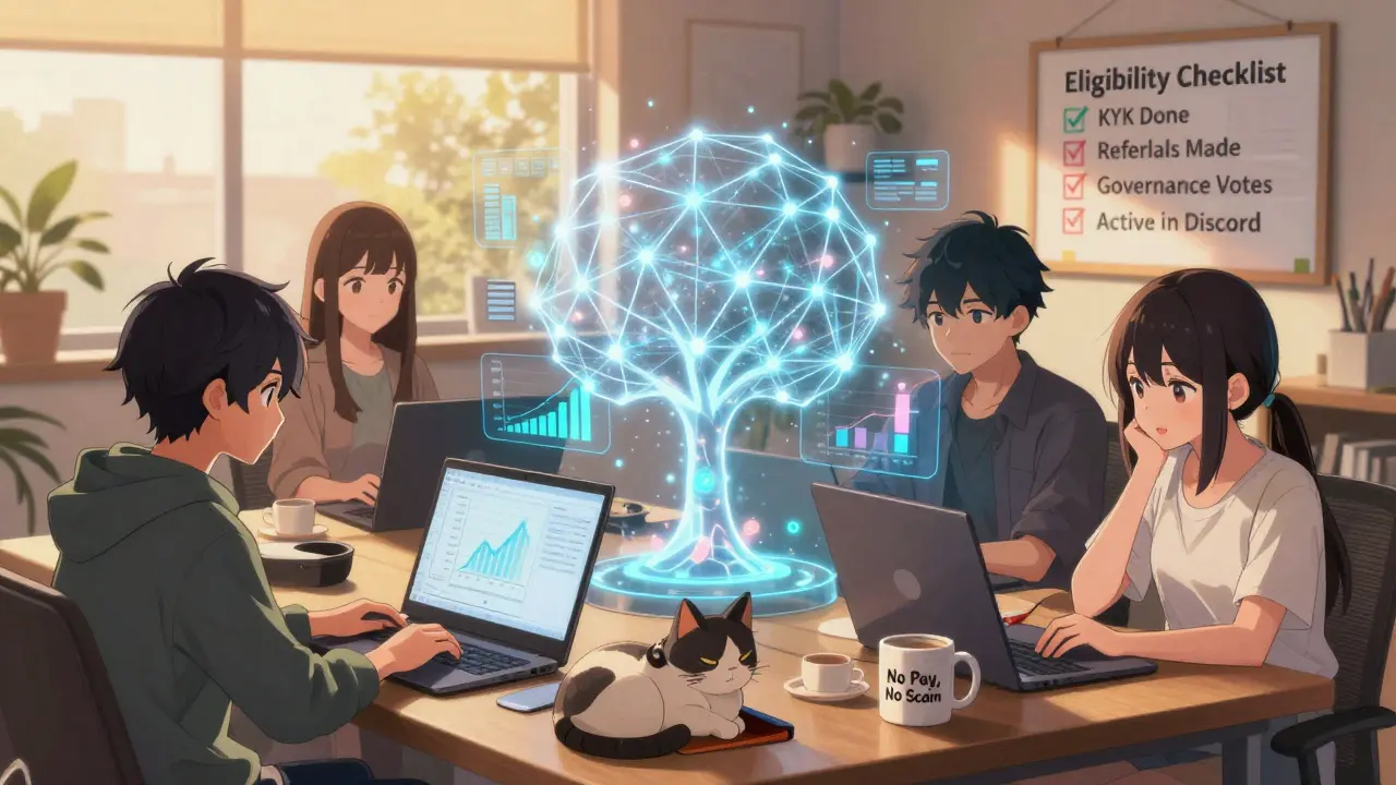 Anime characters in a cozy Discord room reviewing eligibility checklist with glowing wallet and Polygon tree in background.