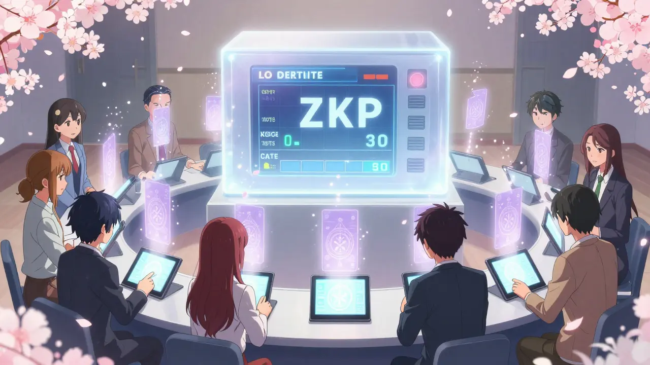 Diverse voters cast ballots with glowing ZKP technology, their votes tallying transparently while preserving anonymity.