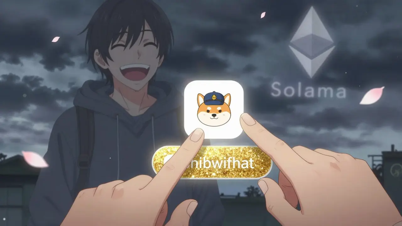 Hand hesitating over crypto wallet, choosing between verified SHIB and misleading Shibwifhat in dreamy anime style.