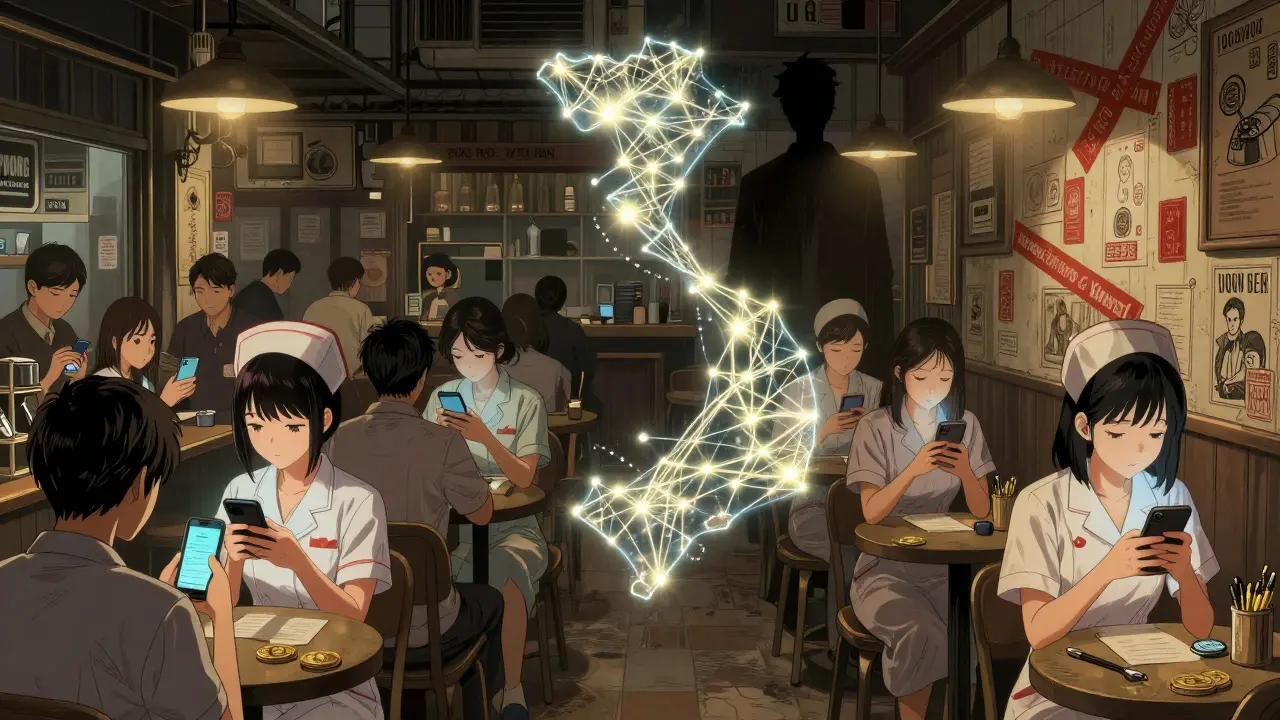 People in a Hanoi café quietly trading crypto via mobile phones, with a shadowy bureaucratic wall looming above them.