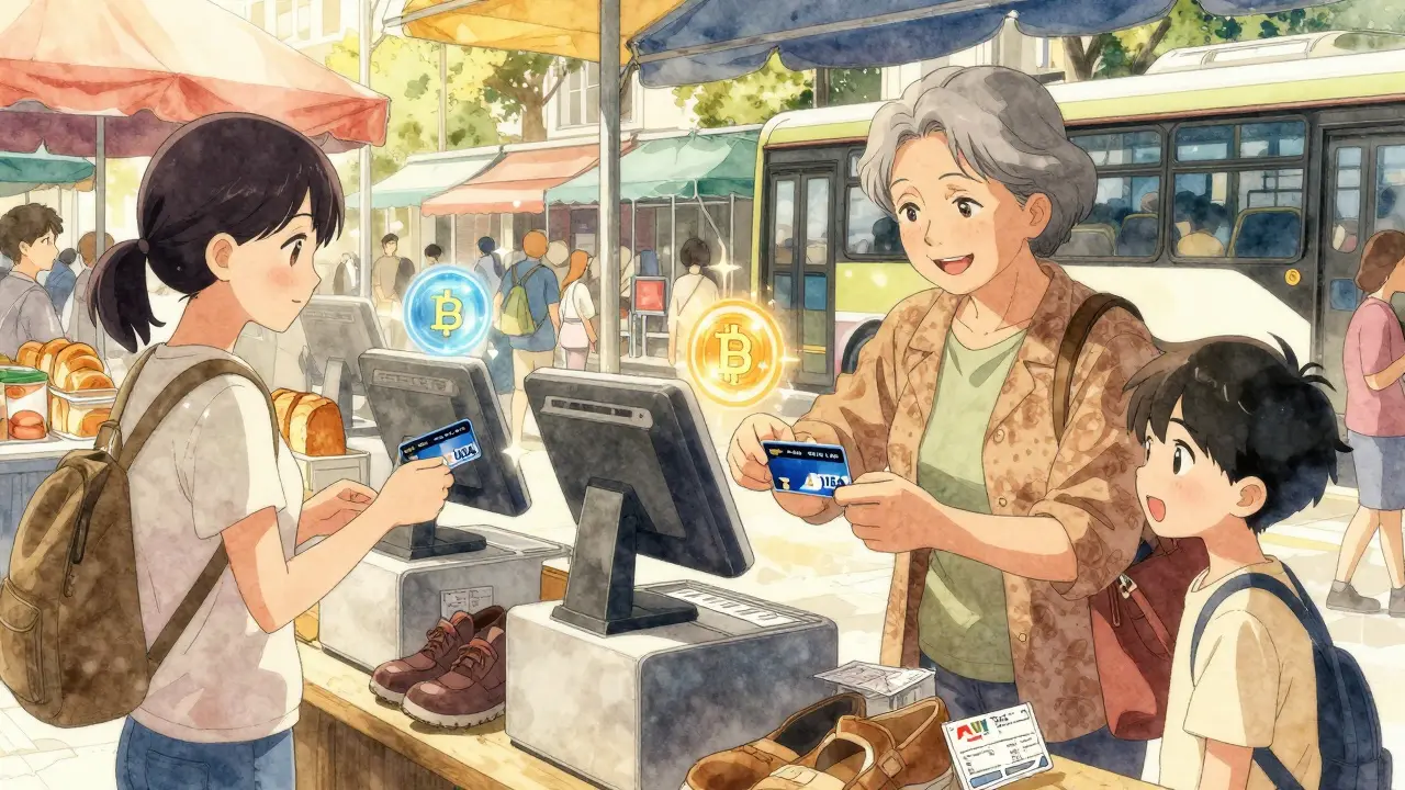 People in a market use crypto-linked cards to buy goods under warm sunlight.