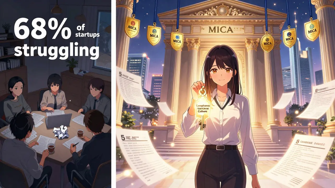 Split scene: a struggling startup team on one side, a powerful licensed firm on the other, with a girl holding a key labeled &#039;Compliance Is Culture&#039;.