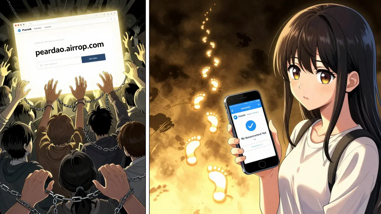Split scene: chaotic crowd deceived by fake site vs. one girl confidently checking a verified official Twitter account.