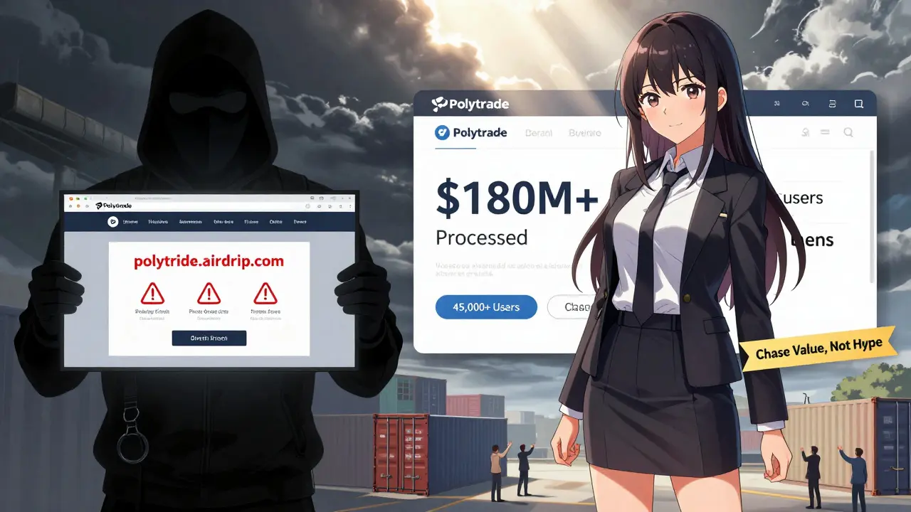 Split scene: scammer with fake site vs. girl beside real Polytrade dashboard showing 0M processed and 45K users.