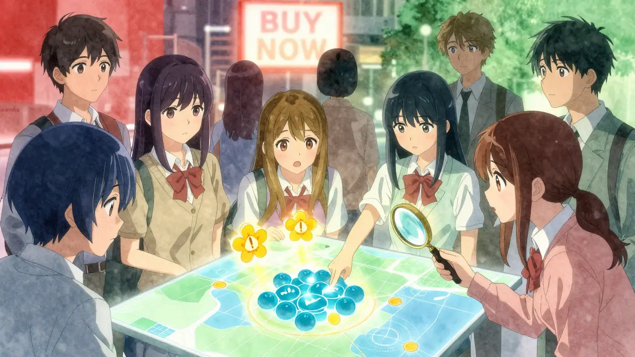 Teens analyze a blockchain map, discovering suspicious wallet activity, as warning signs bloom like flowers around them.