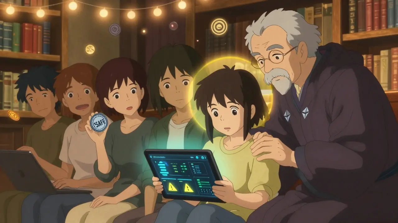 Teens learning about restaking with a mentor in a cozy room, one holding a testnet token labeled 'SAFE'.