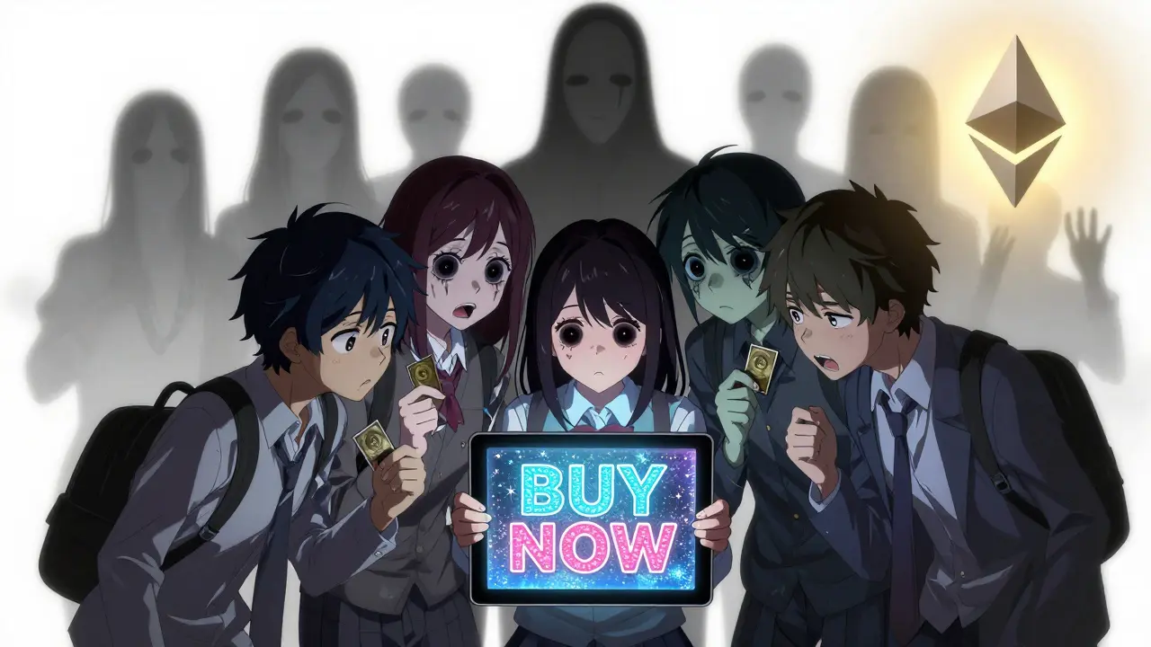 Teens staring at a fake ATMC ad, their reflections showing zombies holding worthless tokens, while Ethereum glows safely nearby.