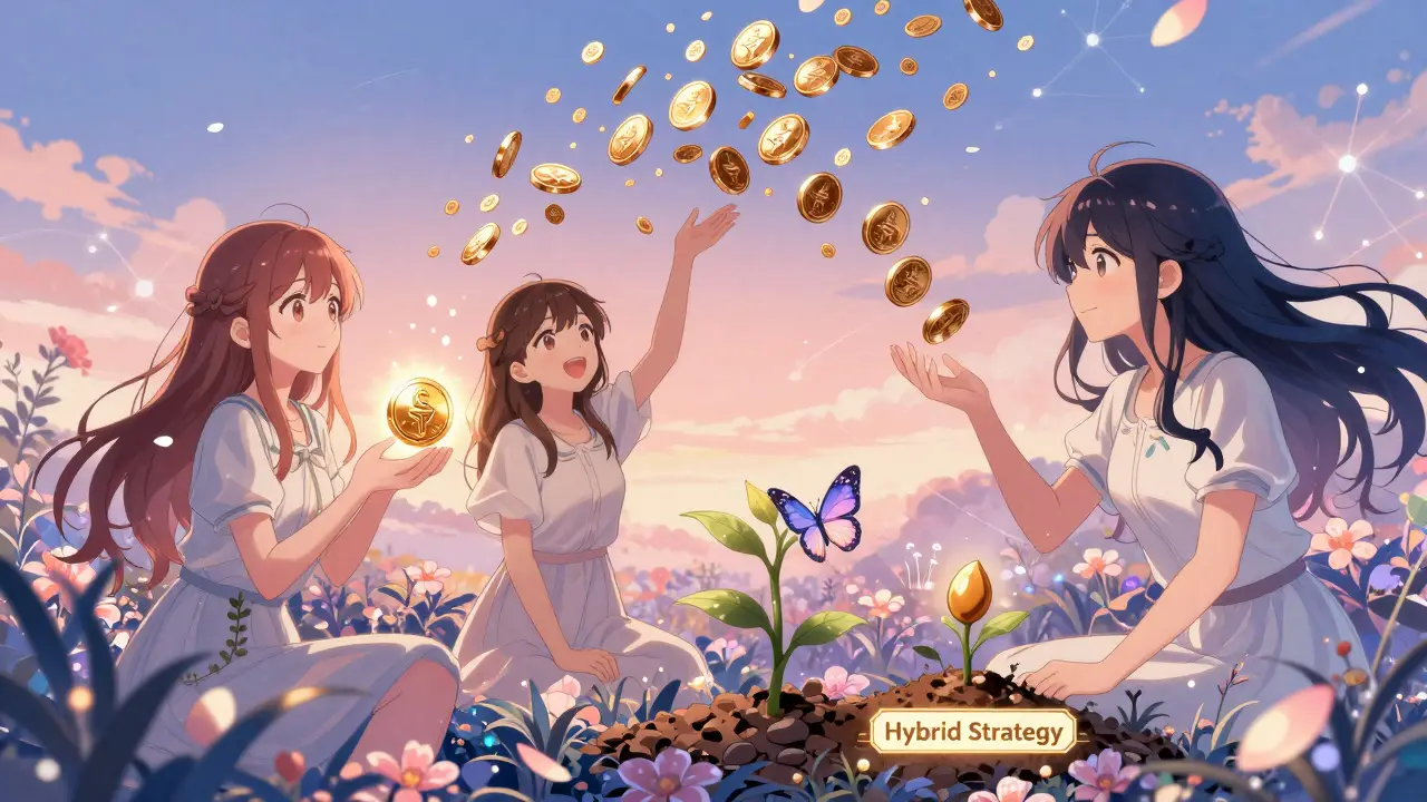 Three characters in a DeFi garden with staking tokens, chains, and butterflies symbolizing hybrid crypto strategies under a twilight sky.