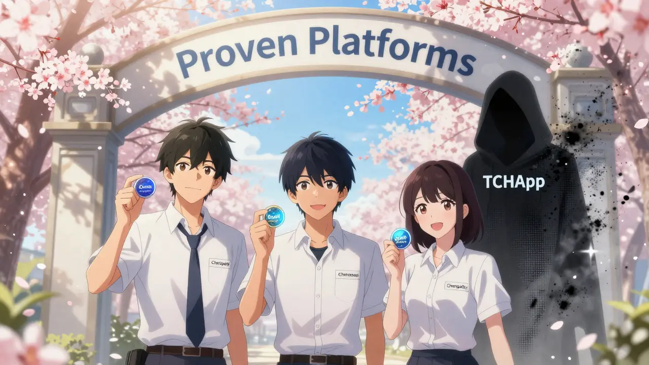 Three confident traders stand under a sunlit arch with trusted exchanges, while a shadowy figure fades into static behind them.