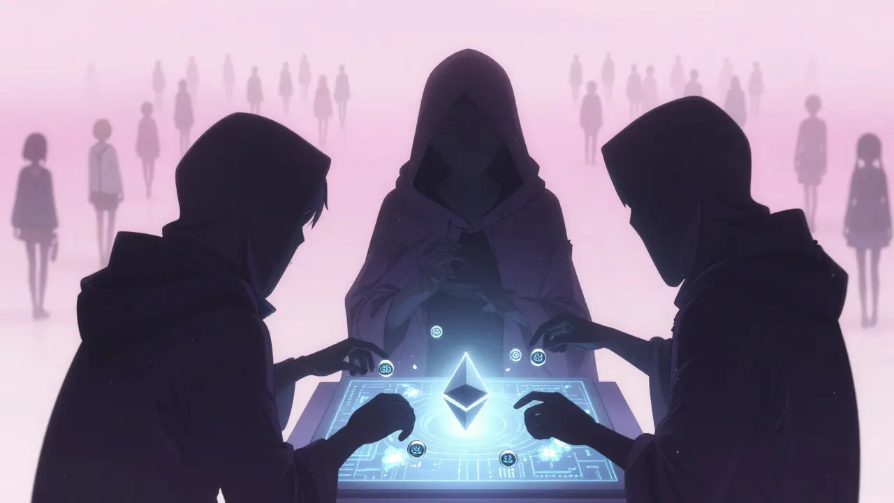 Three shadowy figures manipulate BSSB tokens like puppets while users walk away into fog.