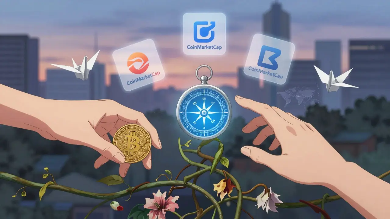 Two hands reaching for Bitcoin and altcoins, with a dominance compass and floating platform logos, petals drifting in twilight.